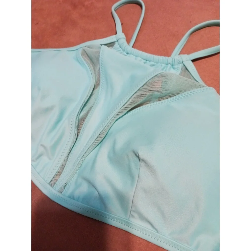 NEW Mae‎ Turquiose Mesh Detailed High Neck Halter Bikini Top, Size Large
